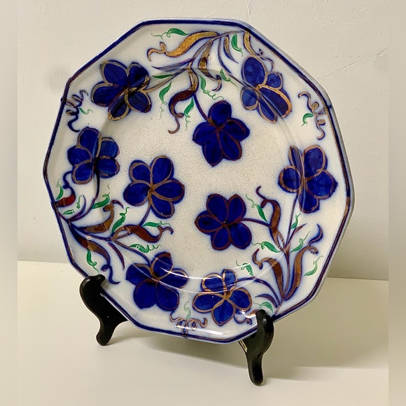 19th Century Vtg Gaudy Ironstone 10 Sided Flow Blue Copper Lusterware Plate - Picture 7 of 15